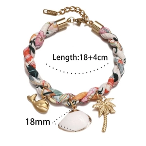 Bracelet en tissu fleuri avec breloques dorées baleine, coquillage et palmier, réglable 18cm