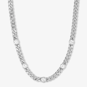 Detailed view of silver Cuban link necklace featuring five inlaid round zircon stones