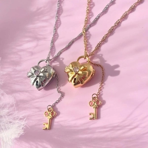 Collar de Relicario de Lazo de Cobre Vintage Con Colgante de Marco de Foto Corazón de Strass Llave Joyería Chapada en Oro