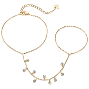 Detailed view of gold plated hand chain with nine sparkling round bezel-set rhinestones