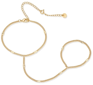 Detail of 18k gold-plated hand chain with facet beads and lobster clasp on white background