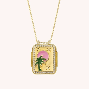 Bohemian gold square tarot necklace featuring a green palm tree and zircon details