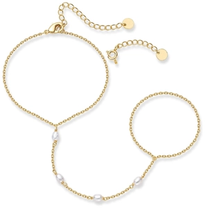 Detailed view of 18K gold plated hand chain with elegant white oval freshwater pearls