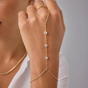 18K Gold Plated Stainless Steel Hand Harness Ring Bracelet For Women With Zirconia Artificial Pearl Minimalist Hand Chain Jewelry
