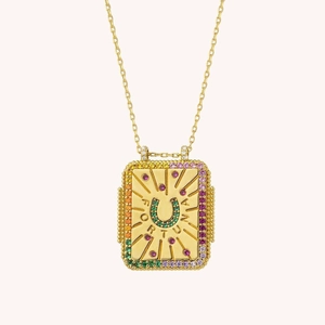 Bohemian gold rectangular tarot necklace with lucky horseshoe design and colorful crystals