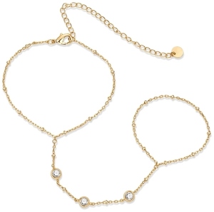 18k gold plated stainless steel finger bracelet with three circular cubic zirconia stones