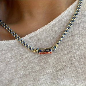 Bohemian woven cord necklace with colorful Amour enamel heart pendant for women