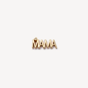 Detail of 18k gold MAMA letter pendant with a sparkling gemstone and heart detail