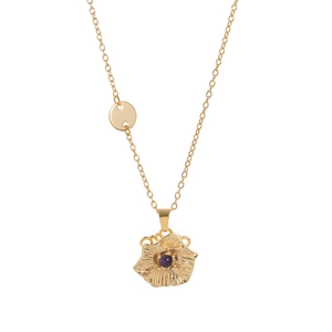 Drehbare goldene Blumenkette mit lila Stein und einem glänzenden Goldanhänger für Damen