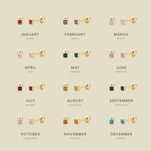 Detailed grid of twelve square birthstone stud earrings with gold plating and screw backs