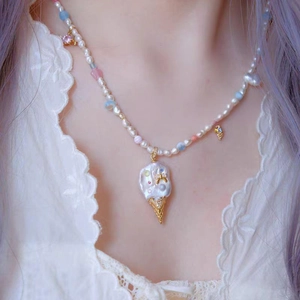 18k gold plated pearl ice cream cone pendant necklace with colorful beads for women