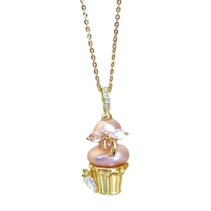 Pink pearl cupcake pendant necklace with golden bow and 18k gold plated chain link