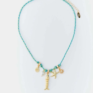 Braided colorful rope necklace with gold sea charms, starfish, shells and a pearl