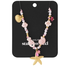 Collier de perles fait main avec breloques étoile de mer et poisson en acier doré 18 carats