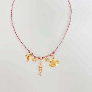 Colorful braided cord necklace with gold alloy shell and sea creature pendants