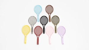 Detailed overhead view of tennis racket pendants in nine various colors for DIY jewelry making