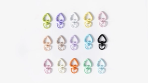 Macro display of heart-shaped spring ring clasps in 15 assorted macaron colors