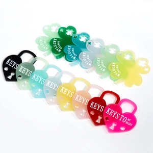 Colorful acrylic heart lock and four-leaf clover keychains with engraved slogans