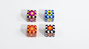 Detailed macro view of checkered floral cubic beads in various vibrant color schemes