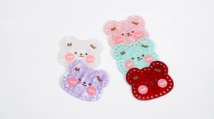 Five colored pearlescent acrylic bear head plates with threading holes for DIY crafting