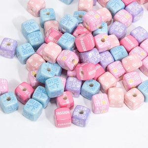 Colorful cube acrylic beads with letter prints and through-holes for DIY jewelry making