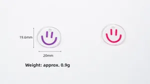 Macro detail of acrylic smiley charms in purple and rose red for DIY keychains