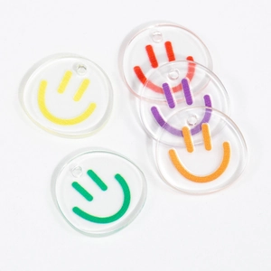 Transparent acrylic smiley face charms for DIY keychains in five bright colors with hanging holes