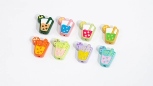 Close-up of 8 colorful hand-painted acrylic beverage cup beads with hole for DIY jewelry