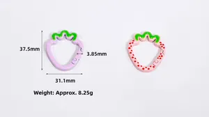 Detailed view of pink and purple strawberry shaped alloy spring ring clasps with dimensions
