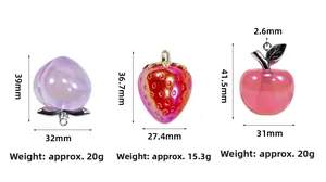 Detaillierte Maße für Acryl-Fruchtanhänger in Perlmuttoptik wie Pfirsich Erdbeere und Apfel