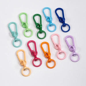 Colorful 8-shape metal spring snap hooks with 360-degree swivel rings in 10 vibrant colors