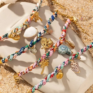 Collier en Acier Inoxydable Coquillage Océan Bohème Corde Tissée Pendentif Étoile de Mer Cocotier Bijoux de Plage d'Été pour Femmes