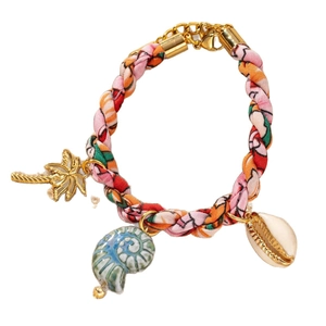 Collier bohème en tissu coloré avec pendentifs palmier doré 18 carats et coquillages