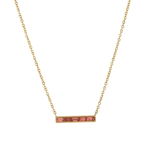 Collier plaqué or 18 carats avec pierres baguette roses sur un pendentif barre minimaliste