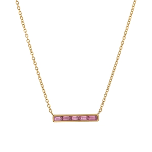 Collier plaqué or 18K avec pendentif barre horizontale orné de cinq pierres roses