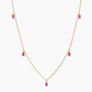 Minimalist 18K gold plated necklace featuring five rectangular pink birthstones on a fine chain