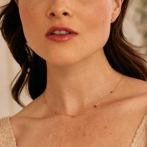 Minimalist 18K gold plated necklace with green square gemstone and gold beads for women