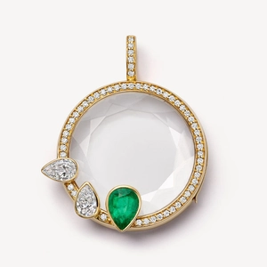 Retro 18k gold locket pendant with transparent gemstone and pear-cut emerald accent