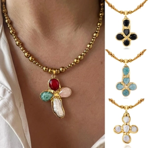 Baroque Stainless Steel Cross Pendant Necklace Colorful Enamel Pebble Effect Titanium Steel O-Chain Retro Jewelry For Women