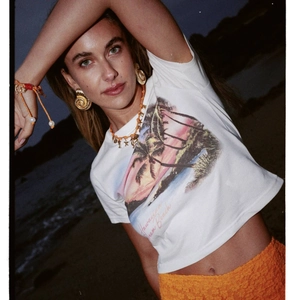 18K gold plated stainless steel necklace with red beach pendant on Hawaiian crop top