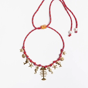 18K gold plated stainless steel red rope necklace with marine charms and pearls