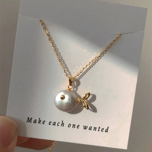 Baroque pearl whale pendant necklace with gold chain and matching fish stud earrings set