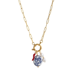 Vintage gold-plated clip chain necklace with red chili, blue ceramic oval and pearls