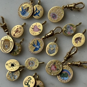 Vintage 18k gold plated tarot pendant collection with colorful enamel rabbit and flower motifs