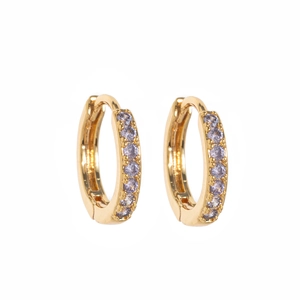 Detail of 14k gold plated huggie earrings featuring sparkling purple birthstone crystals