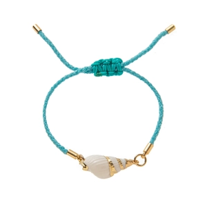 Bracciale in corda intrecciata azzurro con conchiglia bianca e dettagli in metallo oro