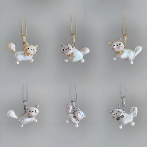 Cute Copper Artificial Pearl Cat Pendant Necklace For Women Elegant Rhinestone Animal Clavicle Chain Jewelry Gift