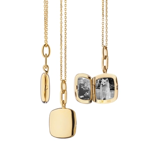 Macro view of square 18K gold locket showing open and closed states with custom photo insert