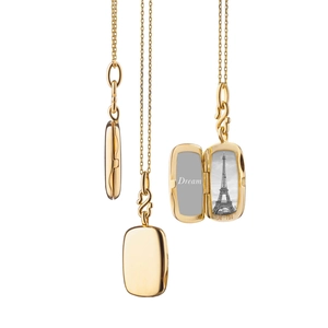Detailed view of an 18K gold rectangular locket necklace showing open and closed states