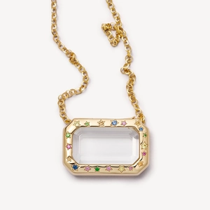 Vintage 18k vergulde rechthoekige medaillon hanger met kleurrijke sterstenen